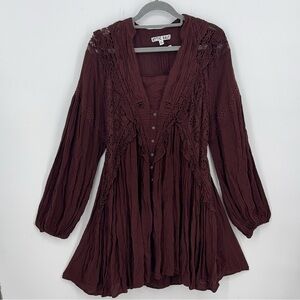Attic Salt Womens Brown Eyelet Festival Ruffle Boho Dress With Pockets size xs